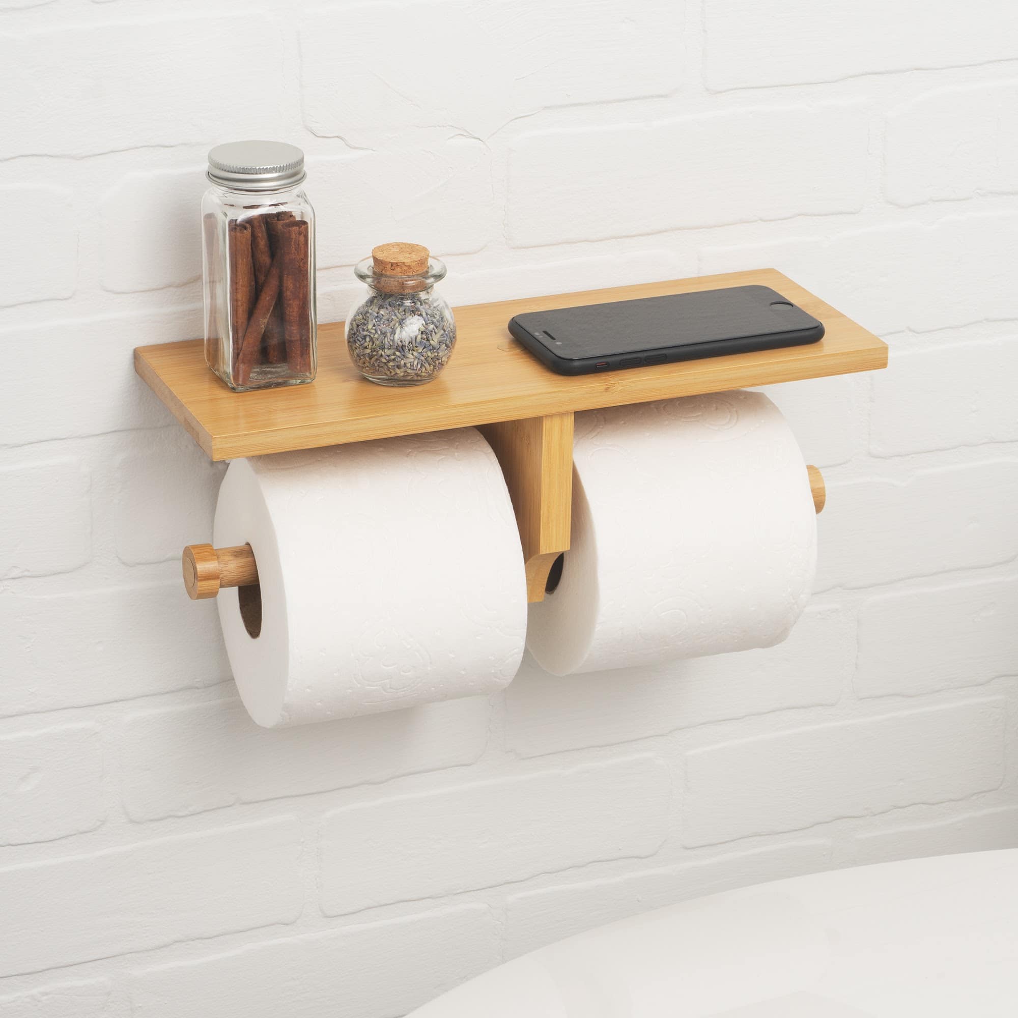 Waydeli double toilet paper holder - double toilet paper roll holder with  shelf, adhesive no drilling or